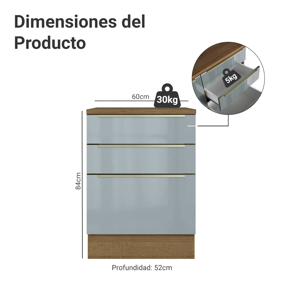Gabinete Bajo de Cocina 60 cm 3 Cajones Marrón/Gris Lux Madesa
