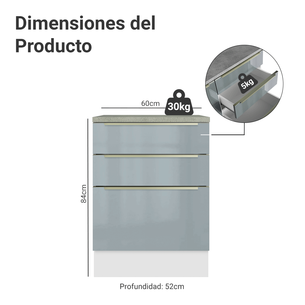 Gabinete Bajo de Cocina 60 cm 3 Cajones Blanco/Gris Lux Madesa