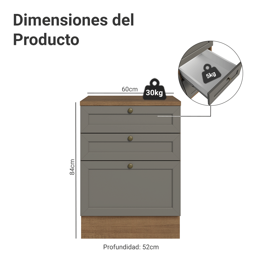 Gabinete Bajo de Cocina 60 cm 3 Cajones Marrón/Gris Vik Madesa
