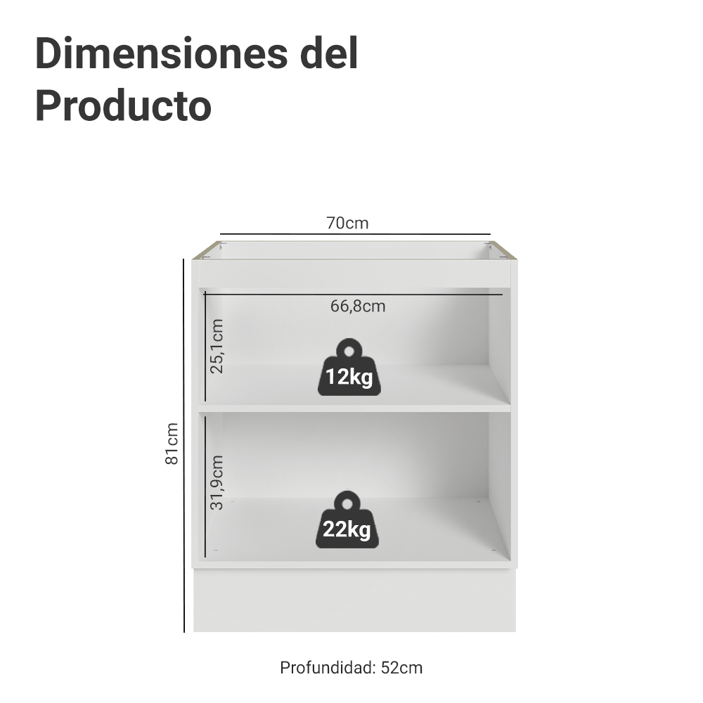 Gabinete Bajo de Cocina 70 cm 2 Puertas (Sin Encimera) Blanco/Gris Vik Madesa