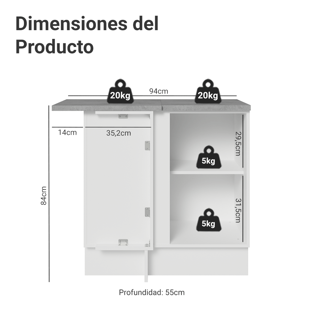 Gabinete Bajo Esquinero 1 Puerta Blanco/Gris Vik Madesa