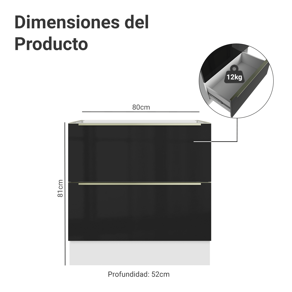 Gabinete Bajo de Cocina 80 cm 2 Cajones (Sin Encimera) Blanco/Negro Lux Madesa