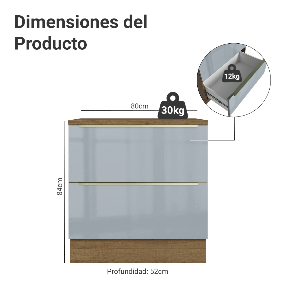 Gabinete Bajo de Cocina 80 cm 2 Cajones Marrón/Gris Lux Madesa