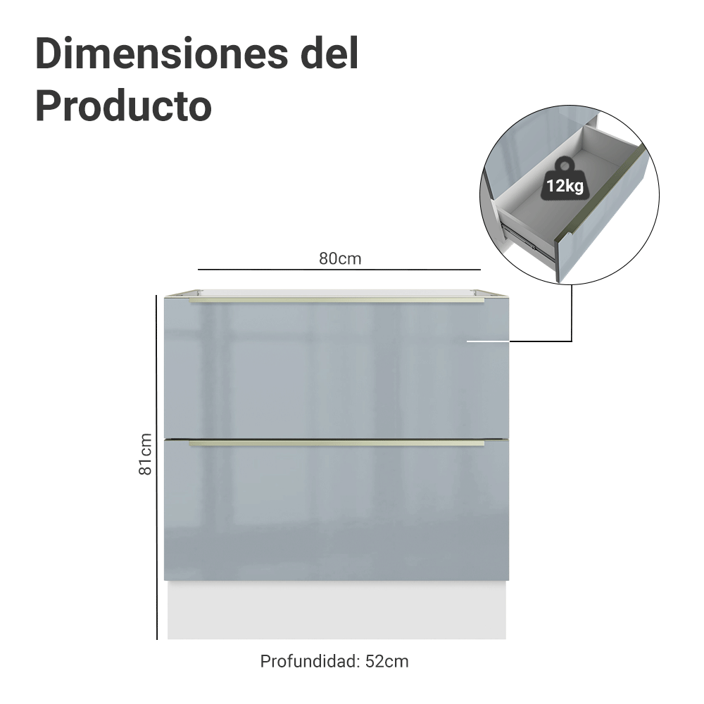 Gabinete Bajo de Cocina 80 cm 2 Cajones (Sin Encimera) Blanco/Gris Lux Madesa