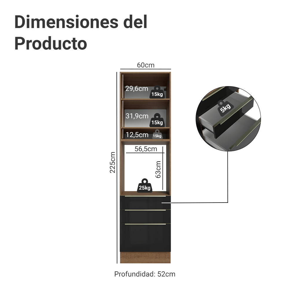 Mueble para Horno 60 cm 1 Puerta e 3 Cajones Marrón/Negro Lux Madesa