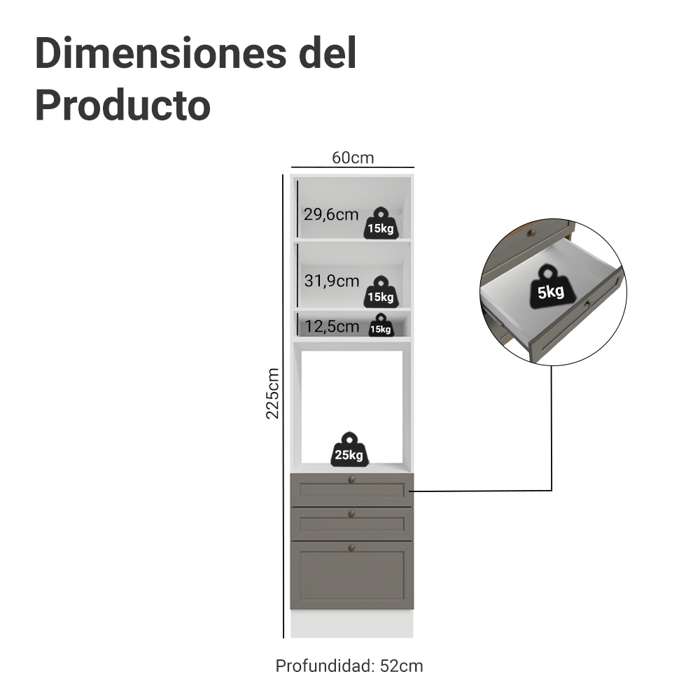 Mueble para Horno 60 cm 1 Puerta 3 Cajones Blanco/Gris Vik Madesa