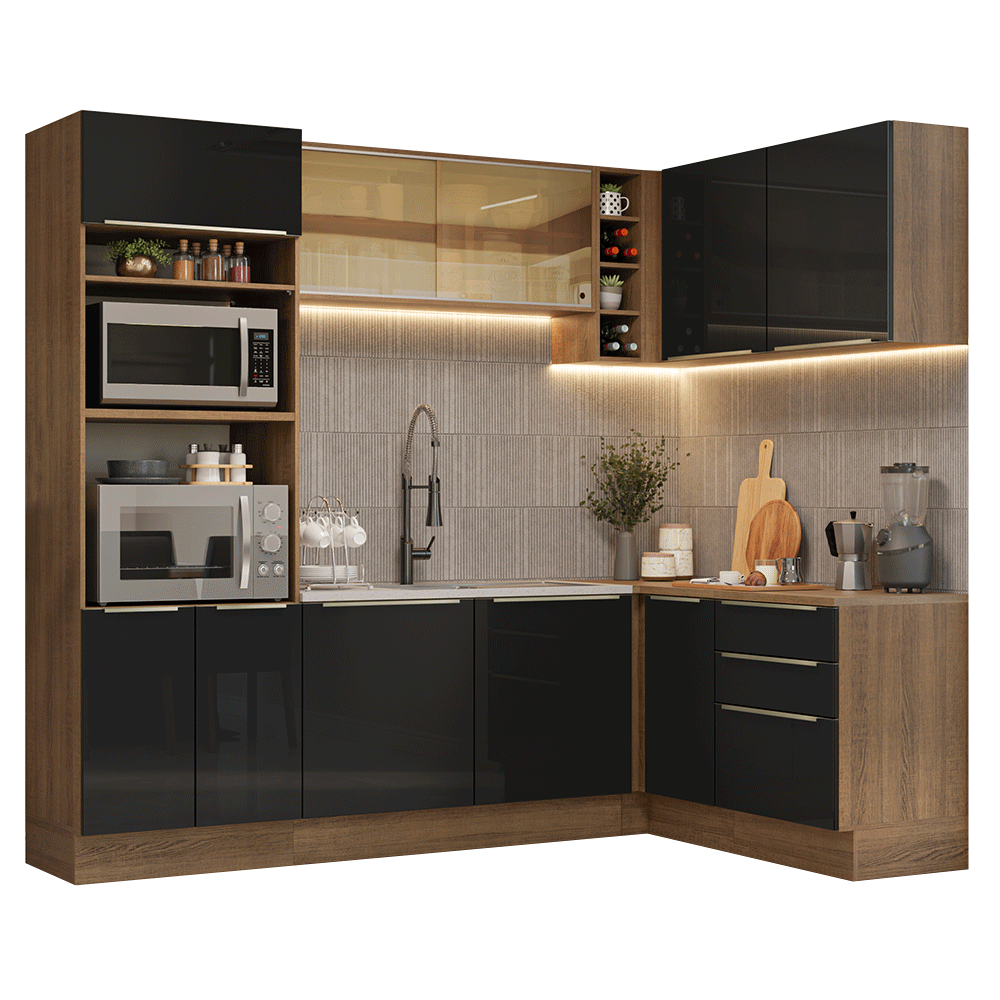 Cocina Integral Esquinera 399 cm Marrón/Negro Lux Madesa 01