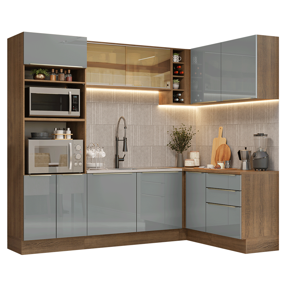 Cocina Integral Esquinera 399 cm Marrón/Gris Lux Madesa 01