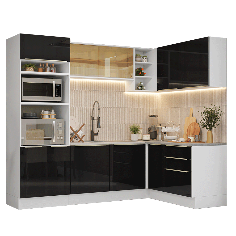 Cocina Integrale Esquinera 416 x 60 cm Blanco/Negro Lux Madesa 01