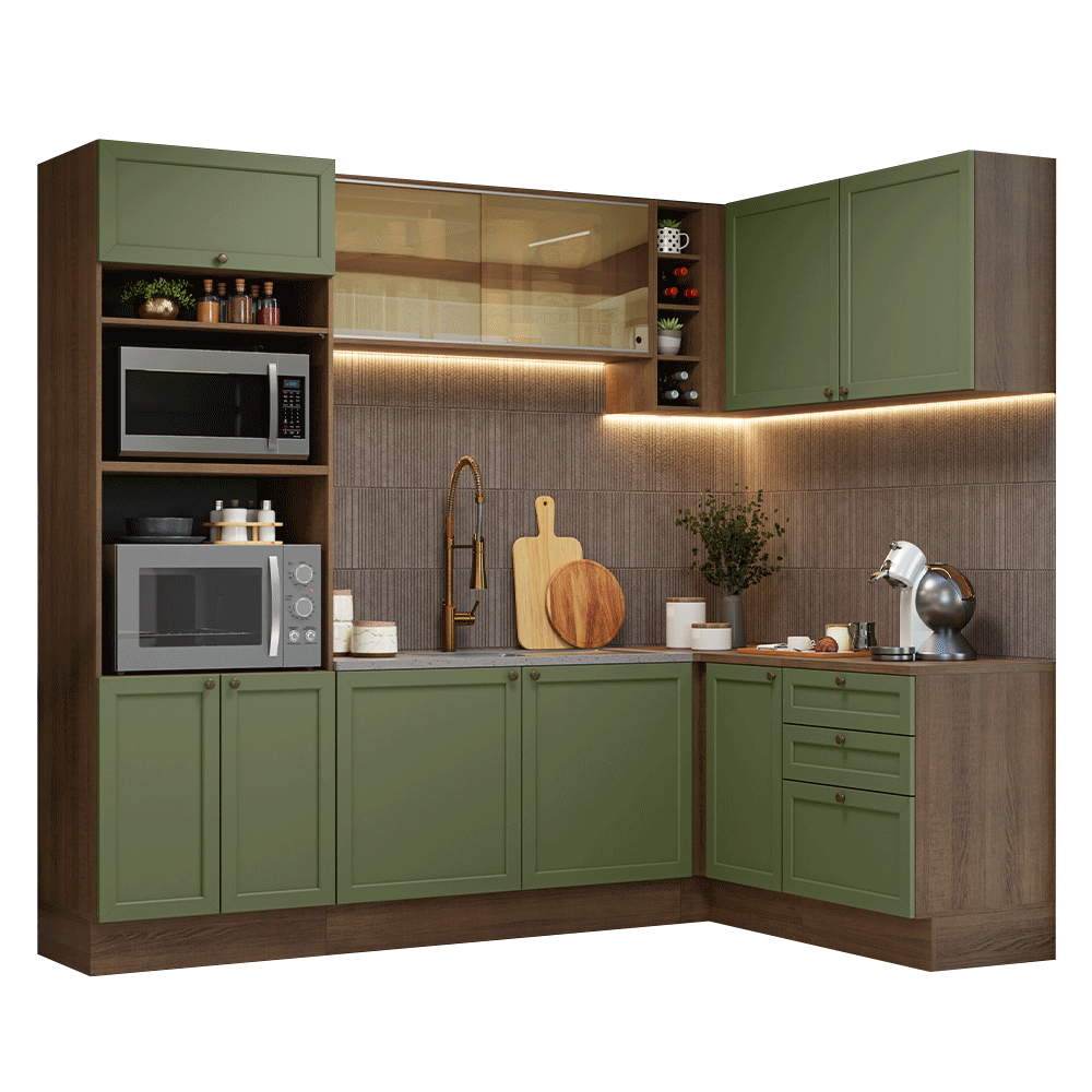 Cocina Integral Esquinera 399 cm Marrón/Verde Vik Madesa 02