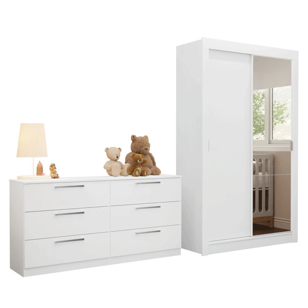 Recámara Infantil Clóset 117cm 2 Puertas con Espejo y Cómoda Blanco