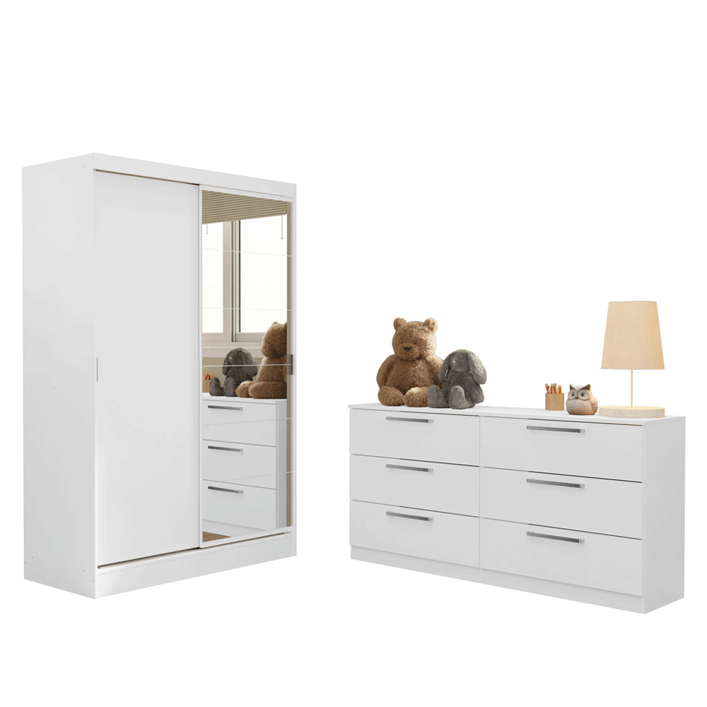 Recámara Infantil Clóset 119cm 2 Puertas 2 Cajones con Espejo y Cómoda Blanco