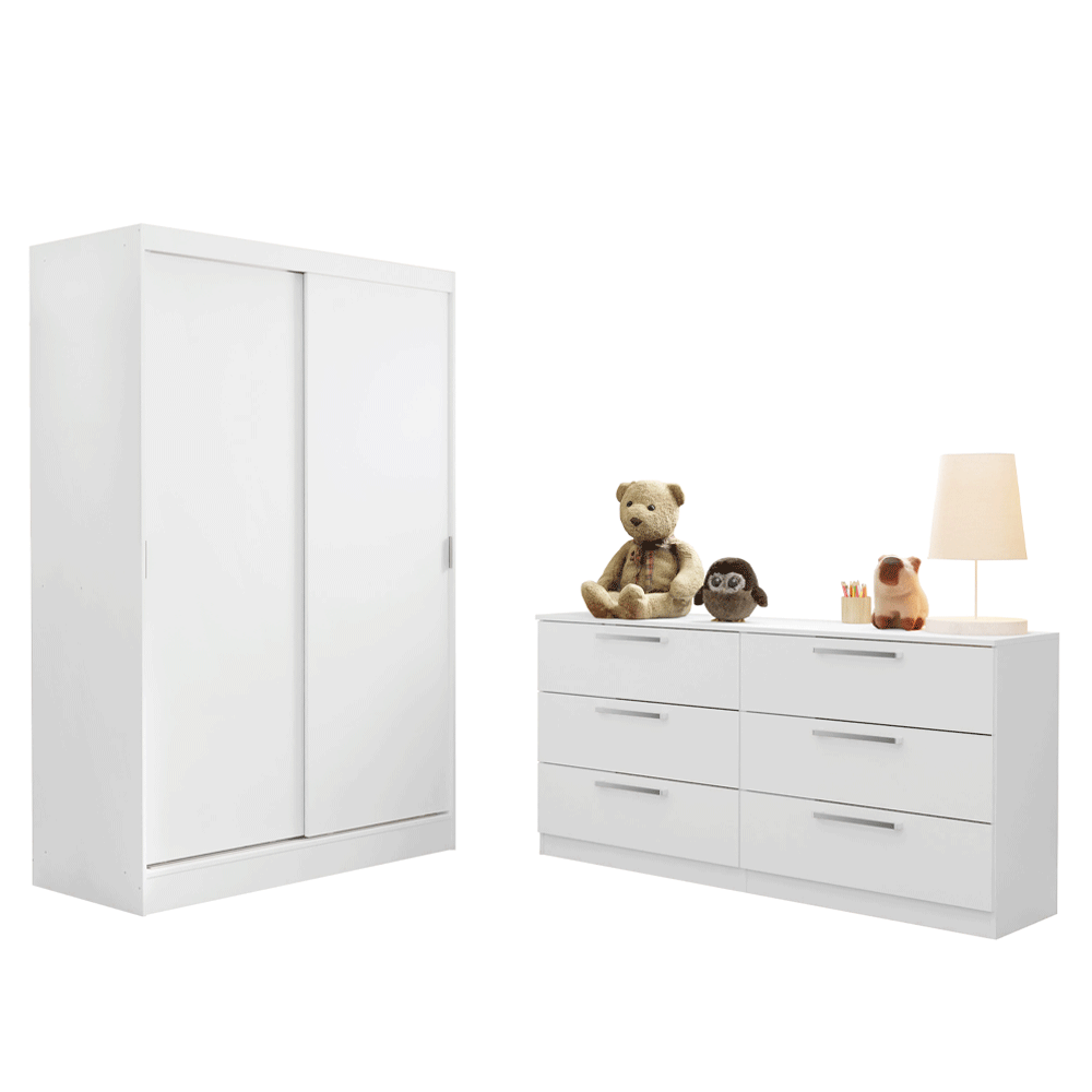 Recámara Infantil Clóset 119cm 2 Puertas 2 Cajones y Cómoda 6 Cajones Blanco