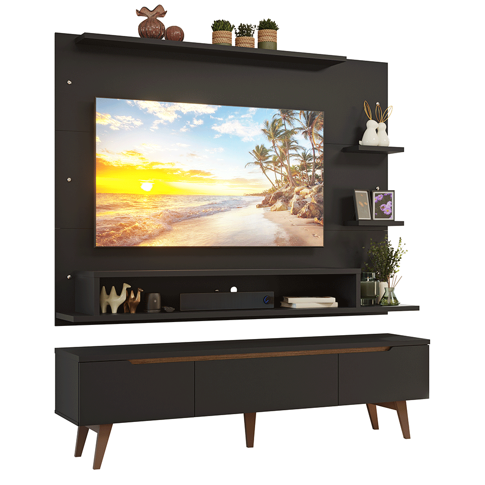Mueble con Panel para TV hasta 60 Pulgadas 180 cm con patas Negro/Marrón Reims Madesa