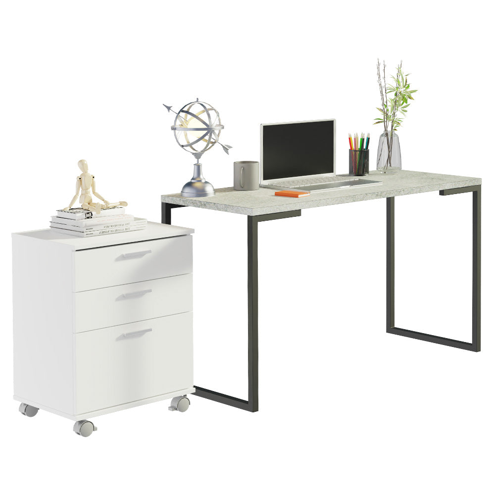 Kit Escritorio con Mesa Industrial + Cajonero Blanco/Gris