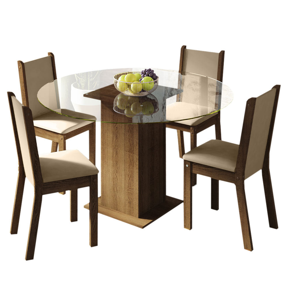 Juego de Comedor Encimera de Vidrio Circular 4 Sillas Marrón/Crema/Beige Madu