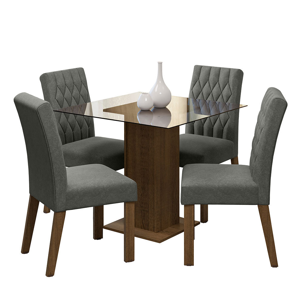 Juego de Comedor Mesa Encimera de Vidrio 4 Sillas Marrón/Silver Noemi