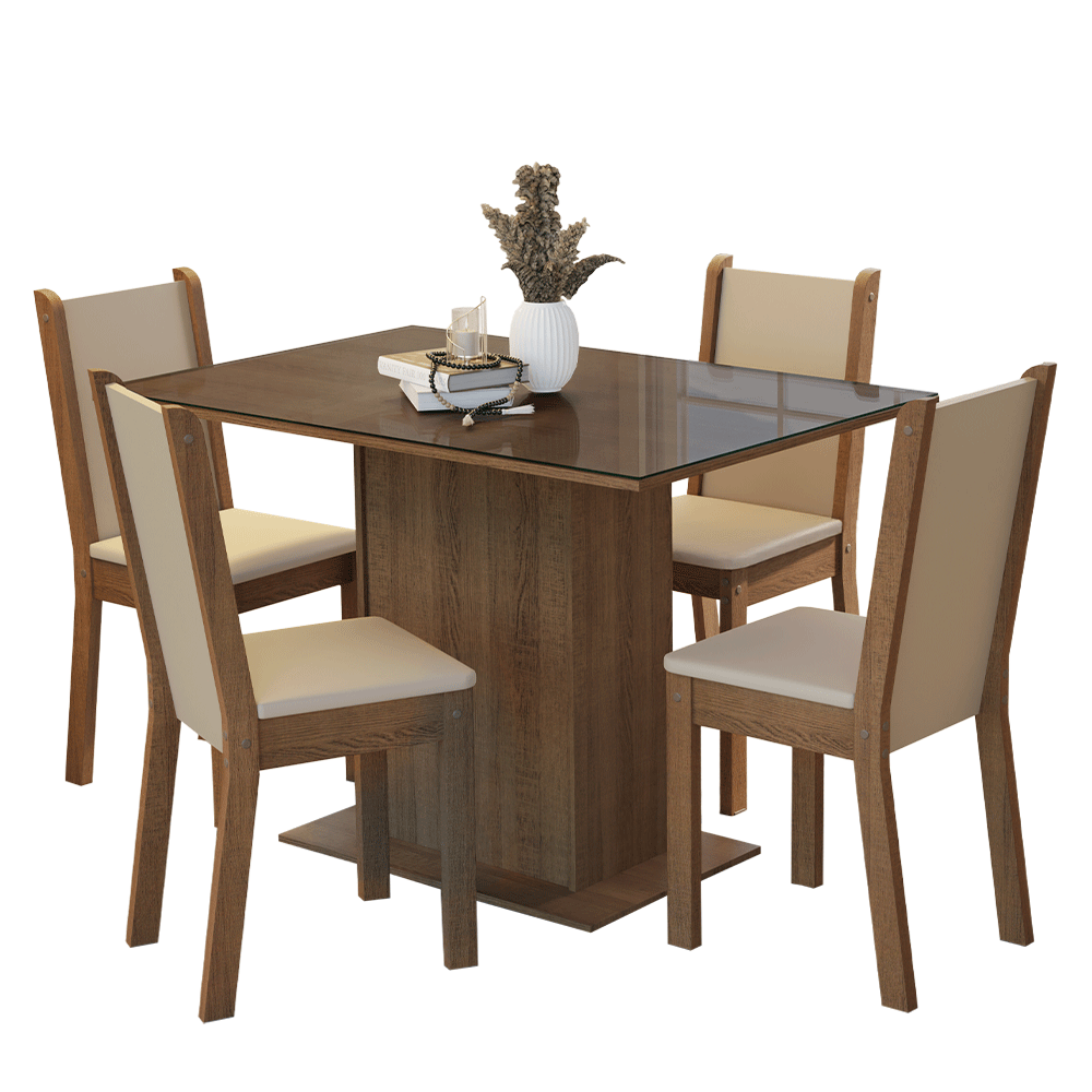 Juego de Comedor Mesa con Encimera de Vidrio 4 Sillas Marrón/Crema/Sintético Beige Martina