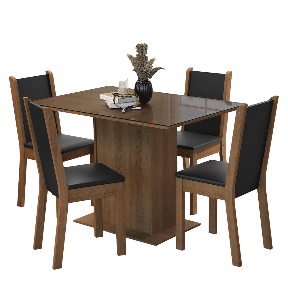 Juego de Comedor Mesa con Encimera de Vidrio 4 Sillas Marrón/Negro Martina