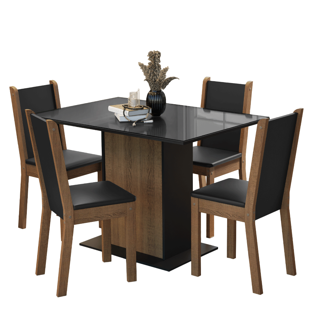 Juego de Comedor Mesa con Encimera de Vidrio 4 Sillas Negro/Marrón Martina