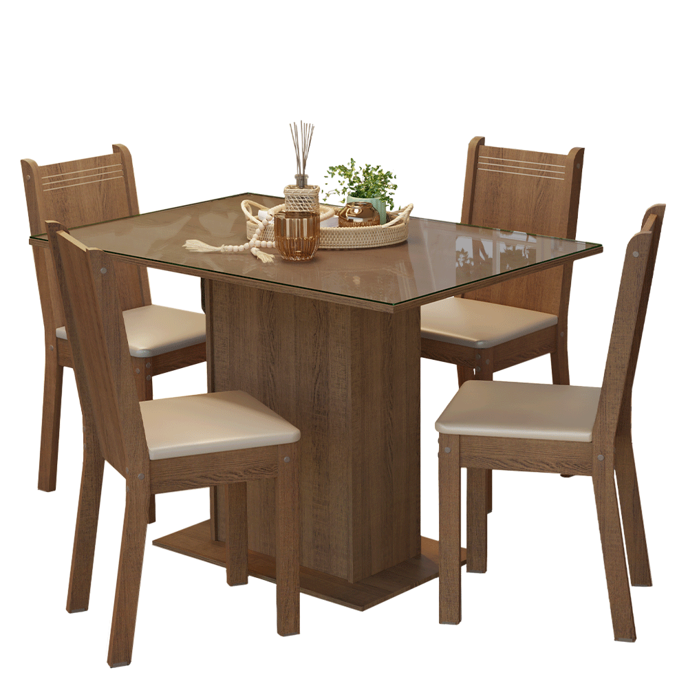 Juego de Comedor Mesa con Encimera de Vidrio 4 Sillas Marrón/Beige Camelia