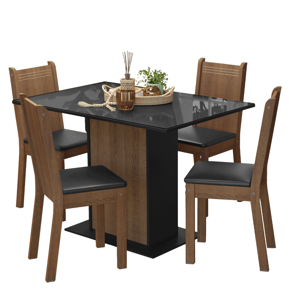 Juego de Comedor Mesa con Encimera de Vidrio 4 Sillas Negro/Marrón Camelia