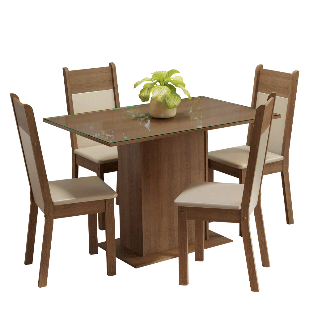 Juego de Comedor Mesa con Encimera de Vidrio 4 Sillas Marrón/Crema/Beige Viena