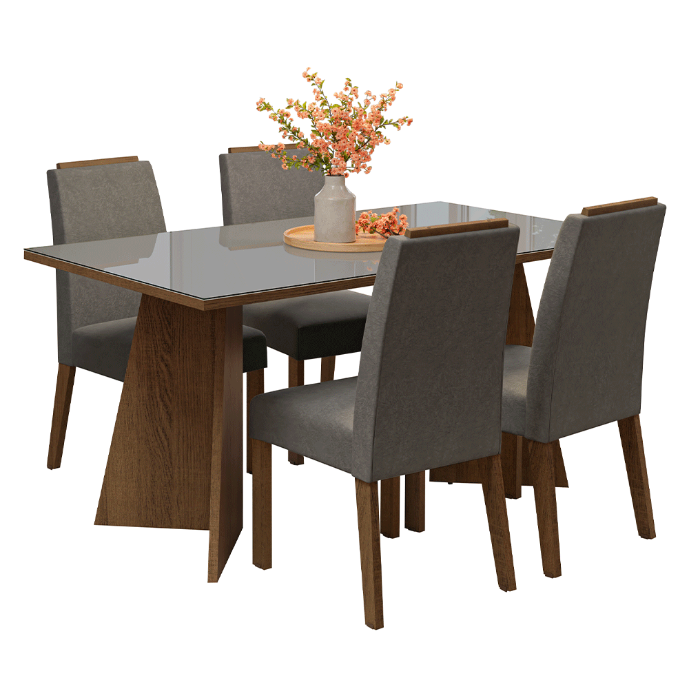 Conjunto de Comedor Encimera de Vidrio 4 Sillas Marrón/Gris/Silver Braga Madesa