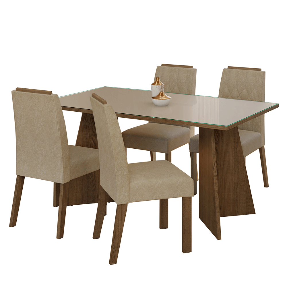 Conjunto de Comedor Mesa Encimera de Vidrio 4 Sillas Marrón/Crema/Imperial Porto Madesa