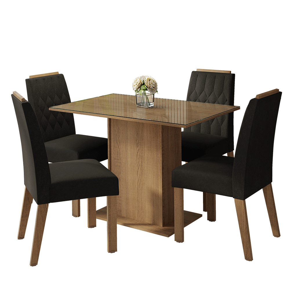 Conjunto de Comedor Encimera de Vidrio 4 Sillas Marrón/Oxford Pitanga Madesa