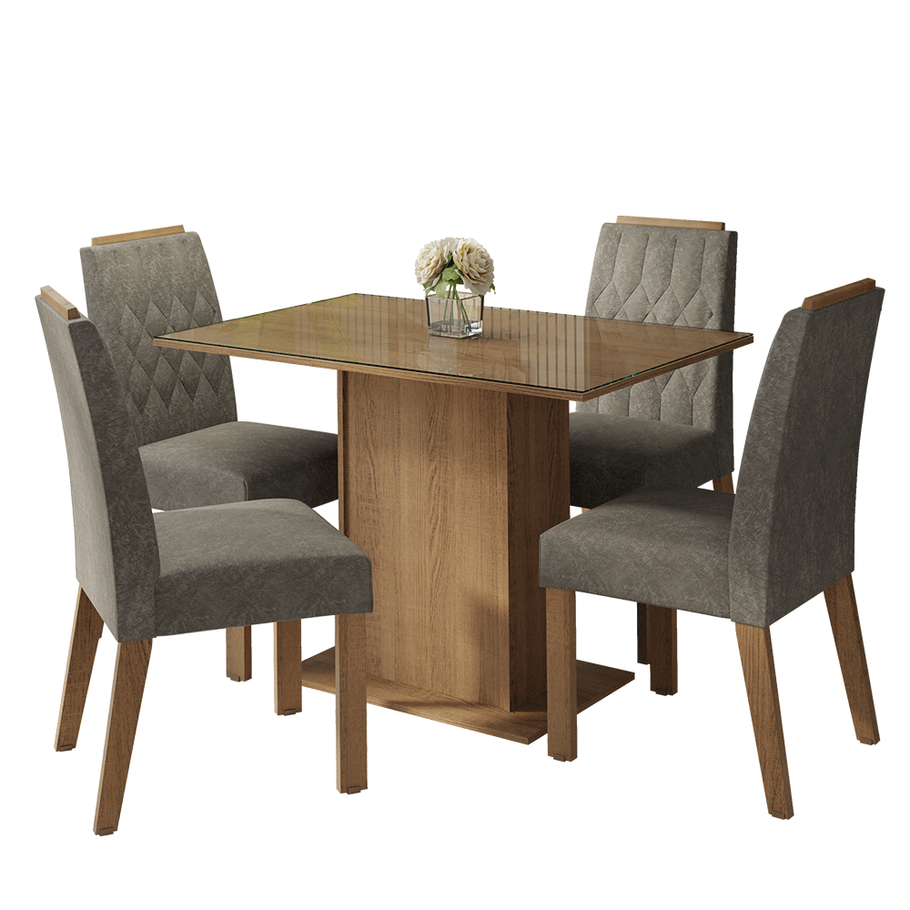 Conjunto de Comedor Encimera de Vidrio 4 Sillas Marrón/Silver Pitanga Madesa