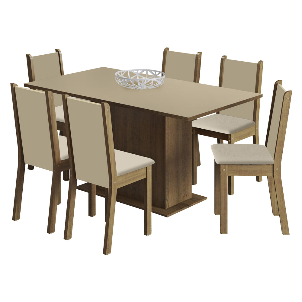 Conjunto Comedor Ohana Mesa Encimera de Madera con 6 Sillas Marrón/Crema/Sintético Beige