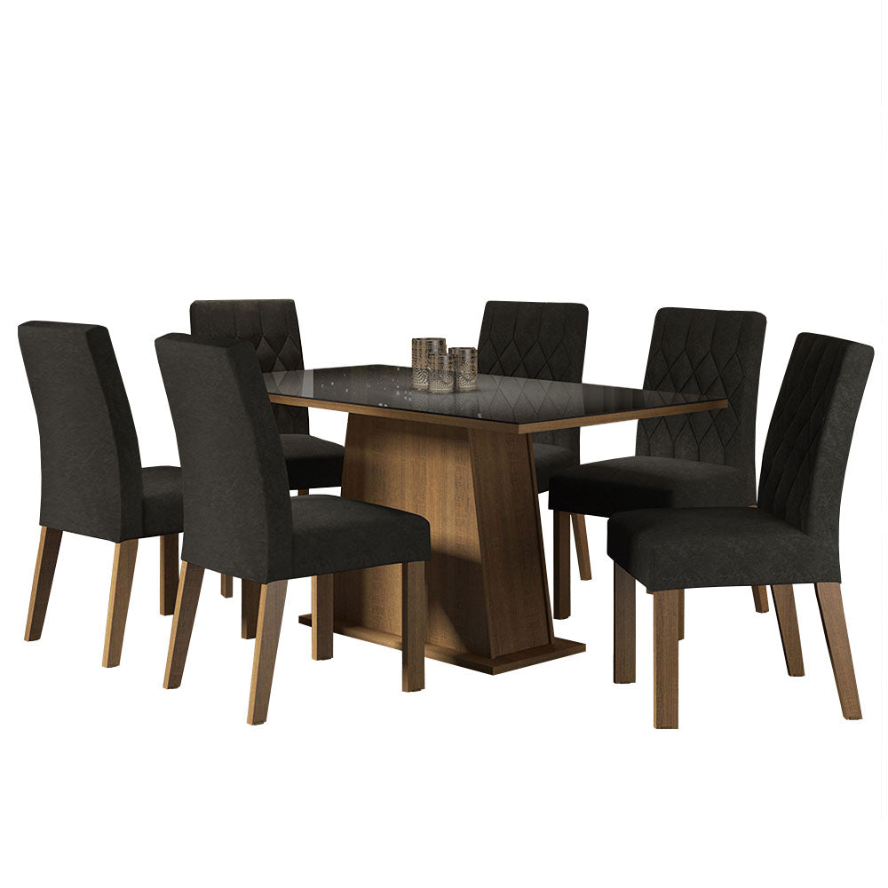 Juego de Comedor Mesa con Encimera de Vidrio 6 Sillas Marrón/Negro/Oxford Stéfani