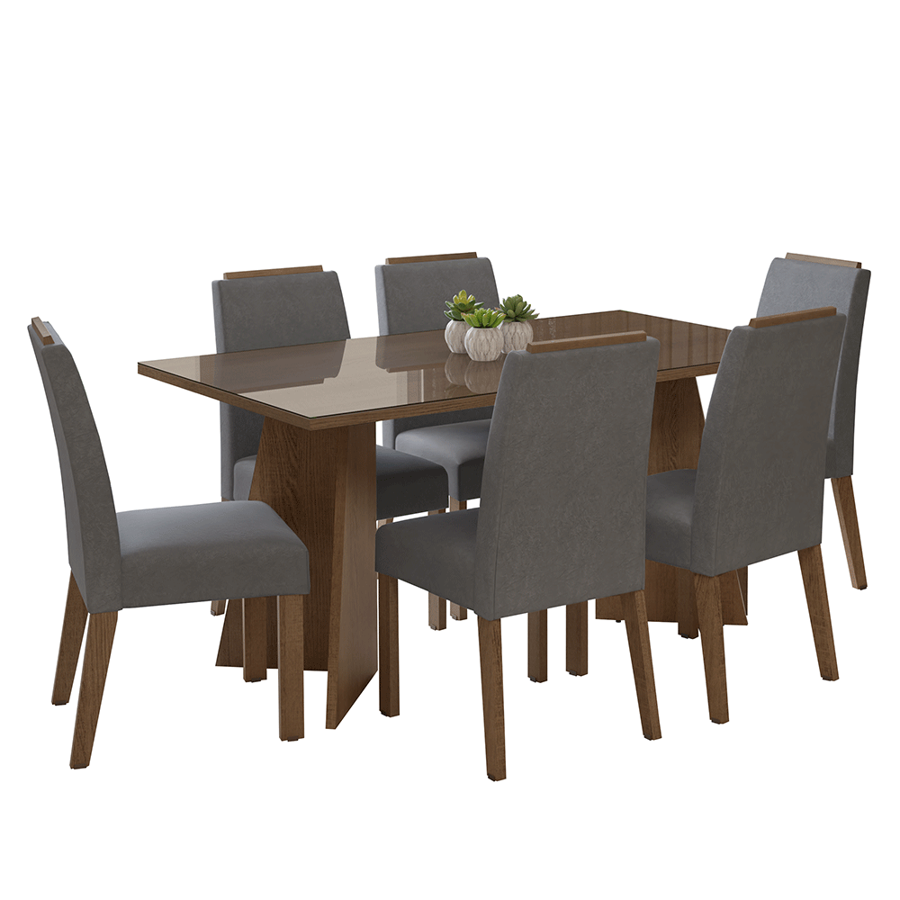 Conjunto de Comedor Encimera de Vidrio 6 Sillas Marrón/Silver Madrid Madesa
