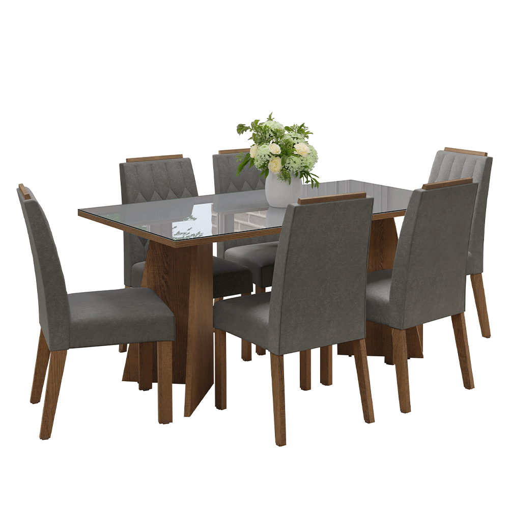 Conjunto de Comedor Encimera de Vidrio 6 Sillas Marrón/Gris/Silver Sintra Madesa