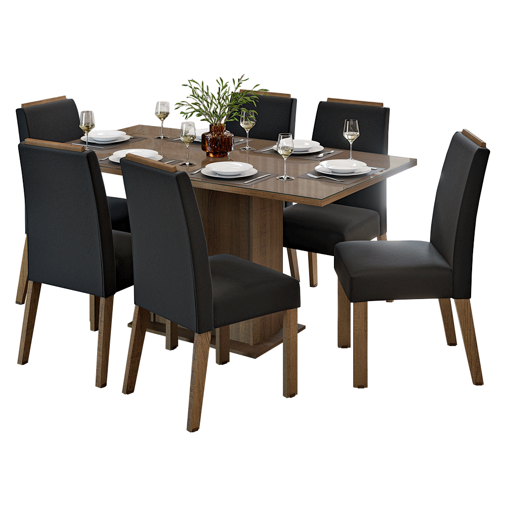 Conjunto de Comedor Encimera de Vidrio 6 Sillas Marrón/Oxford Dália Madesa