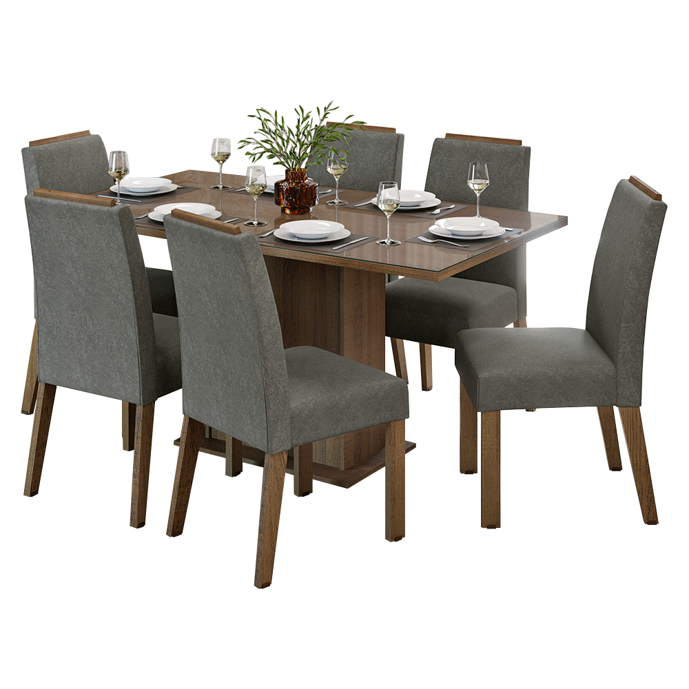 Conjunto de Comedor Encimera de Vidrio 6 Sillas Marrón/Silver Dália Madesa