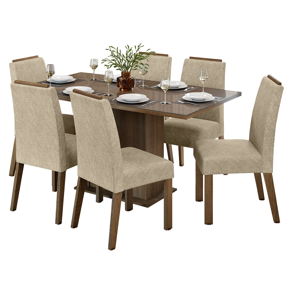 Conjunto de Comedor Encimera de Vidrio 6 Sillas Marrón/Imperial Dália Madesa