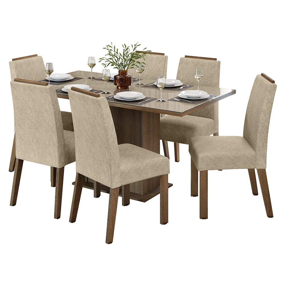Conjunto de Comedor Encimera de Vidrio 6 Sillas Marrón/Crema/Imperial Dália Madesa