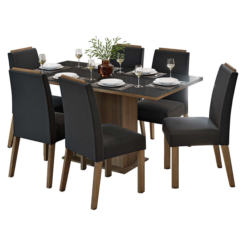 Conjunto de Comedor Encimera de Vidrio 6 Sillas Marrón/Negro/Oxford Dália Madesa