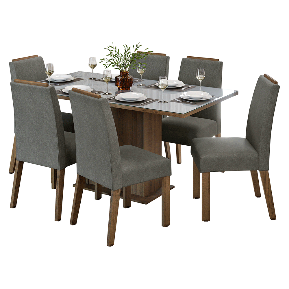 Conjunto de Comedor Encimera de Vidrio 6 Sillas Marrón/Gris/Silver Dália Madesa