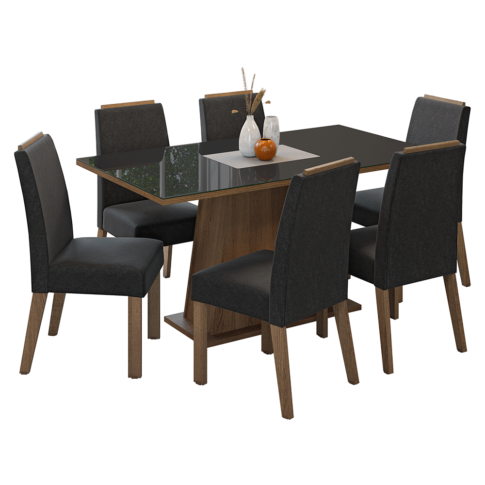 Conjunto de Comedor Encimera de Vidrio 6 Sillas Marrón/Negro/Oxford Tulipa Madesa