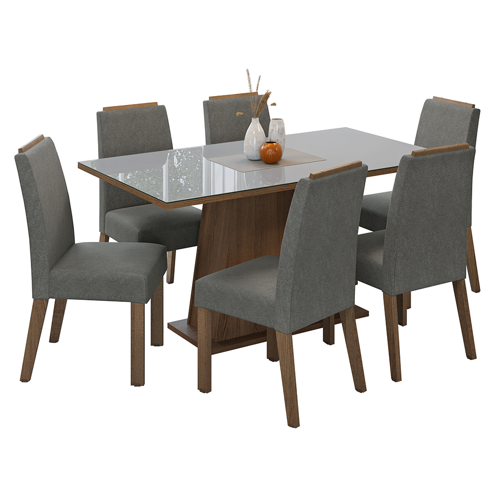 Conjunto de Comedor Encimera de Vidrio 6 Sillas Marrón/Gris/Silver Tulipa Madesa
