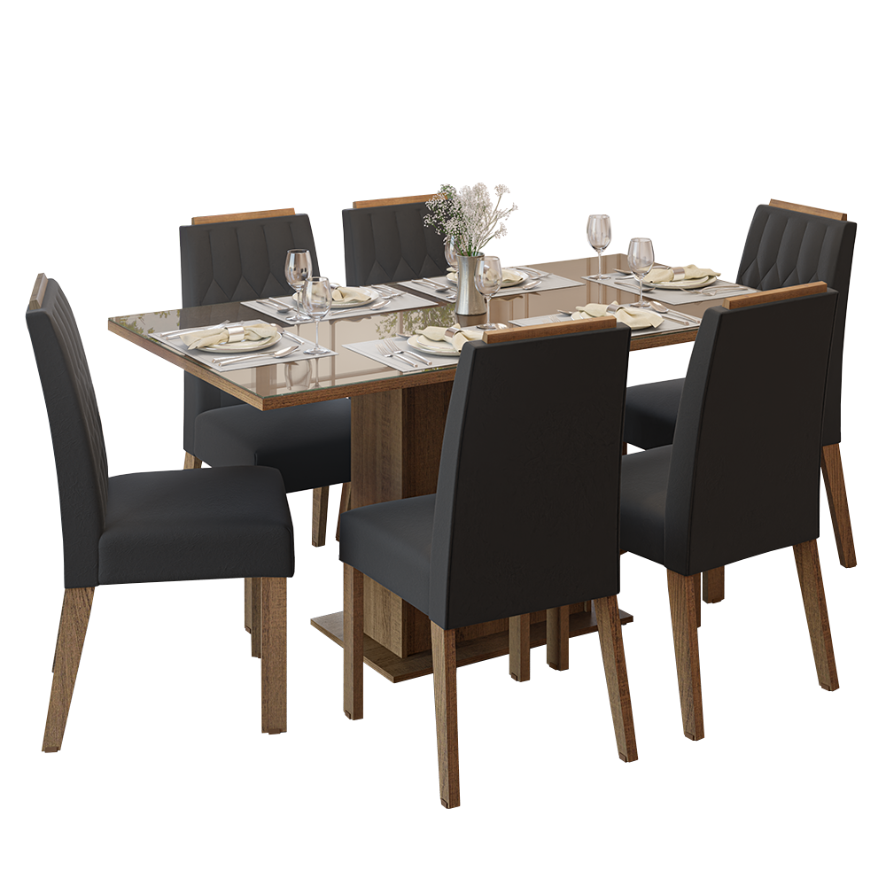 Conjunto de Comedor Encimera de Vidrio 6 Sillas Marrón/Oxford Azaleia Madesa