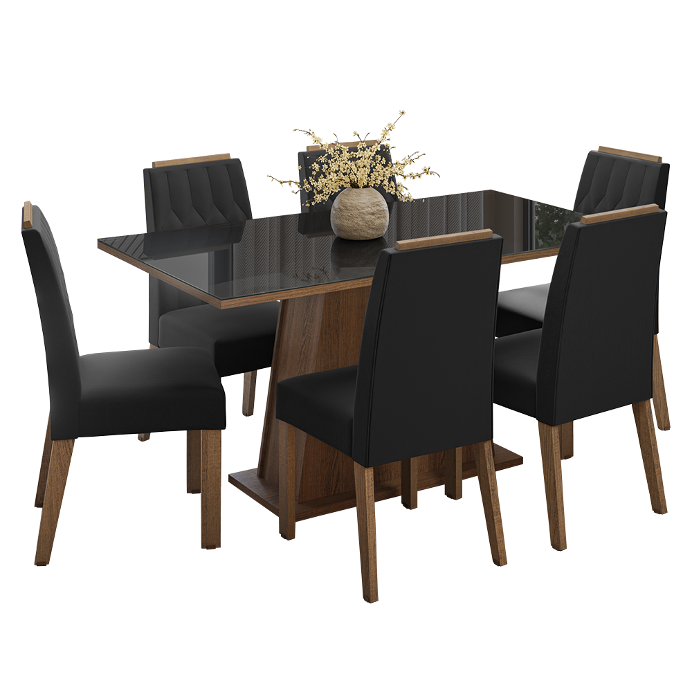 Conjunto de Comedor Encimera de Vidrio 6 Sillas Marrón/Negro/Oxford Peônia Madesa