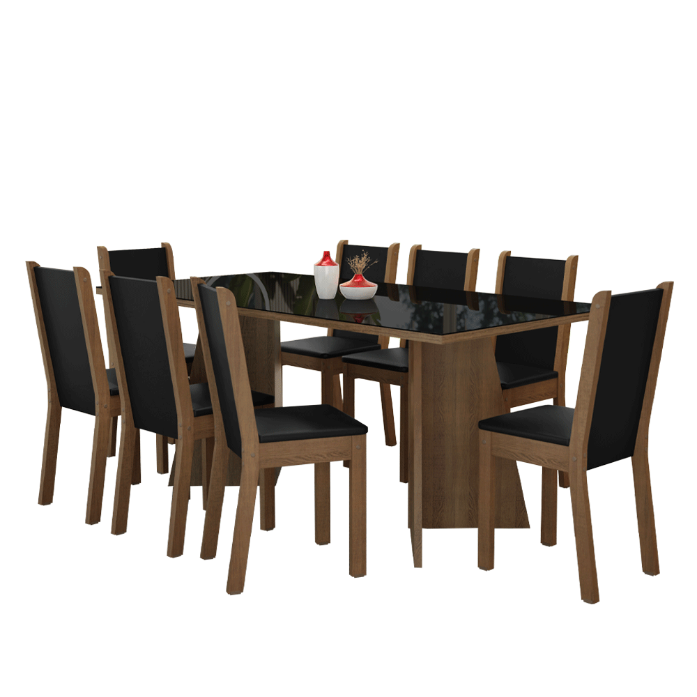 Juego de Comedor Mesa con Encimera de Vidrio 8 Sillas Marrón/Negro Justine