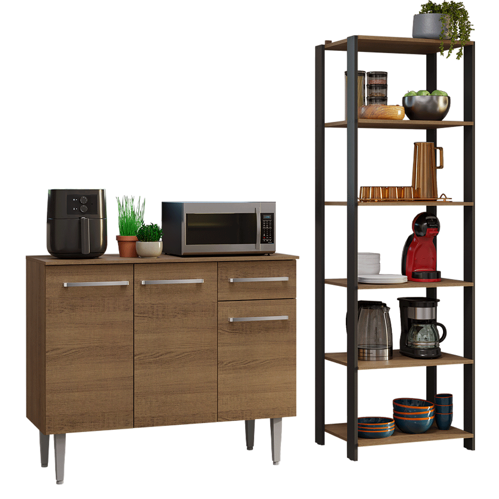 Kit Cocina Gabinete Bajo 3 Puertas 1 Cajón y Estante Despensero 5 Niveles Marrón/Negro