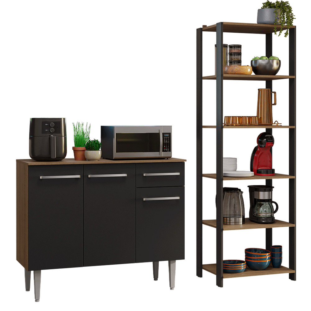 Kit Cocina Gabinete Bajo 3 Puertas 1 Cajón y Estante Despensero 5 Niveles Negro/Marrón