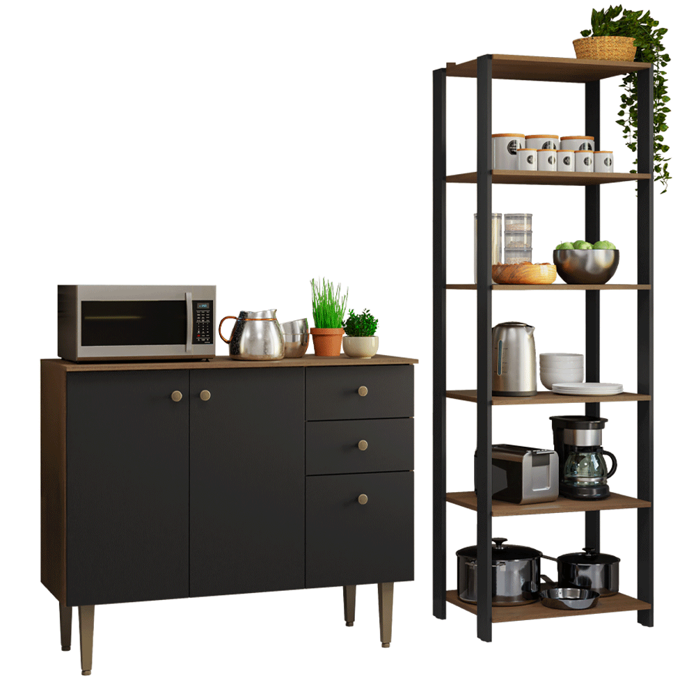 Kit Cocina Gabinete Bajo 3 Puertas 2 Cajones y Estante Despensero 5 Niveles Marrón/Negro