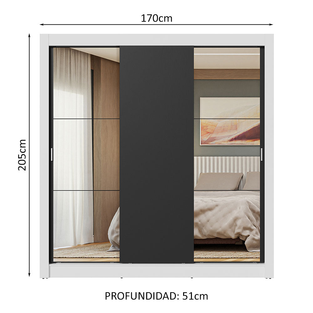 Clóset Matrimonial 3 Puertas Corredizas con Espejos Blanco/Negro Nobre